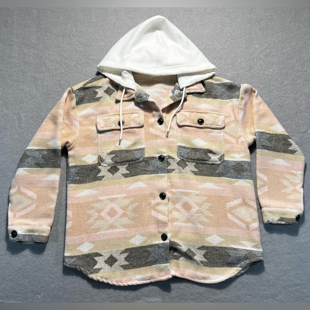 No Boundaries Hooded Shirt Jacket Women’s XL Aztec Print Pink Button Up Poly